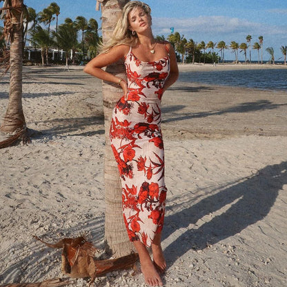 Vestido elegante ajustado con tirantes sin espalda y estampado de verano para mujer