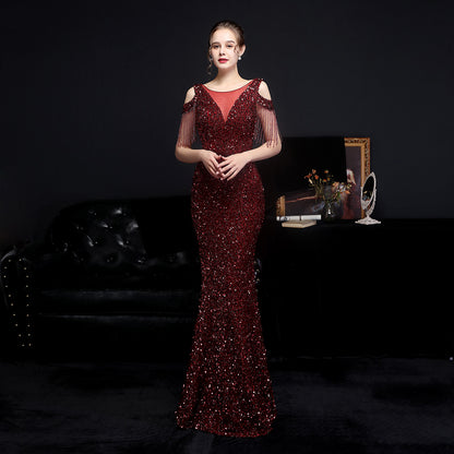 Robe de mariée à paillettes colorées pour dîner d'appréciation longue, coupe ajustée, queue de poisson