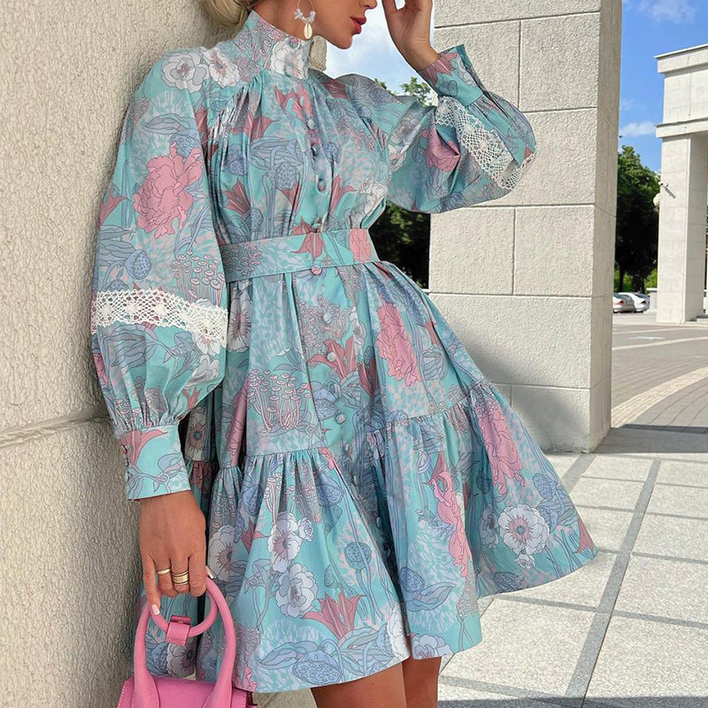 Spring Autumn Women Clothing Stylish Long Sleeves Turtleneck Wide Hem Printed Dress