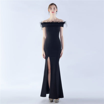 Satin Craft Order Ostrich Feather Off The Neck Tube Top Evening Dress