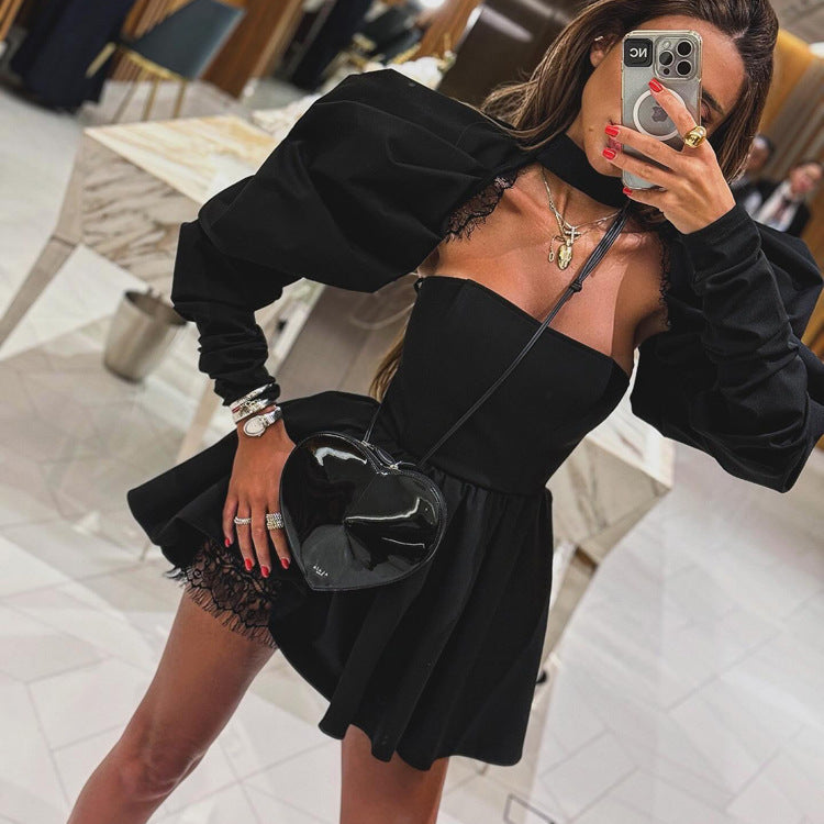 French Tube Top Dress Women High Grade Sexy Backless Long Sleeves Black Two Piece A Line Dress