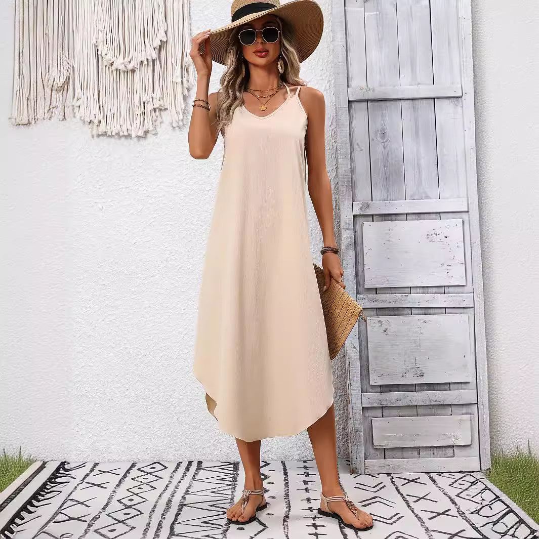 Women Summer Casual Tied Spaghetti Strap Irregular Asymmetric With Personality Hem Dress outside