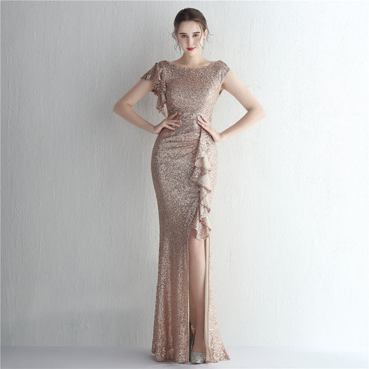 Robe de cocktail fendue longue à paillettes pour femme, tenue de soirée à paillettes, style reine