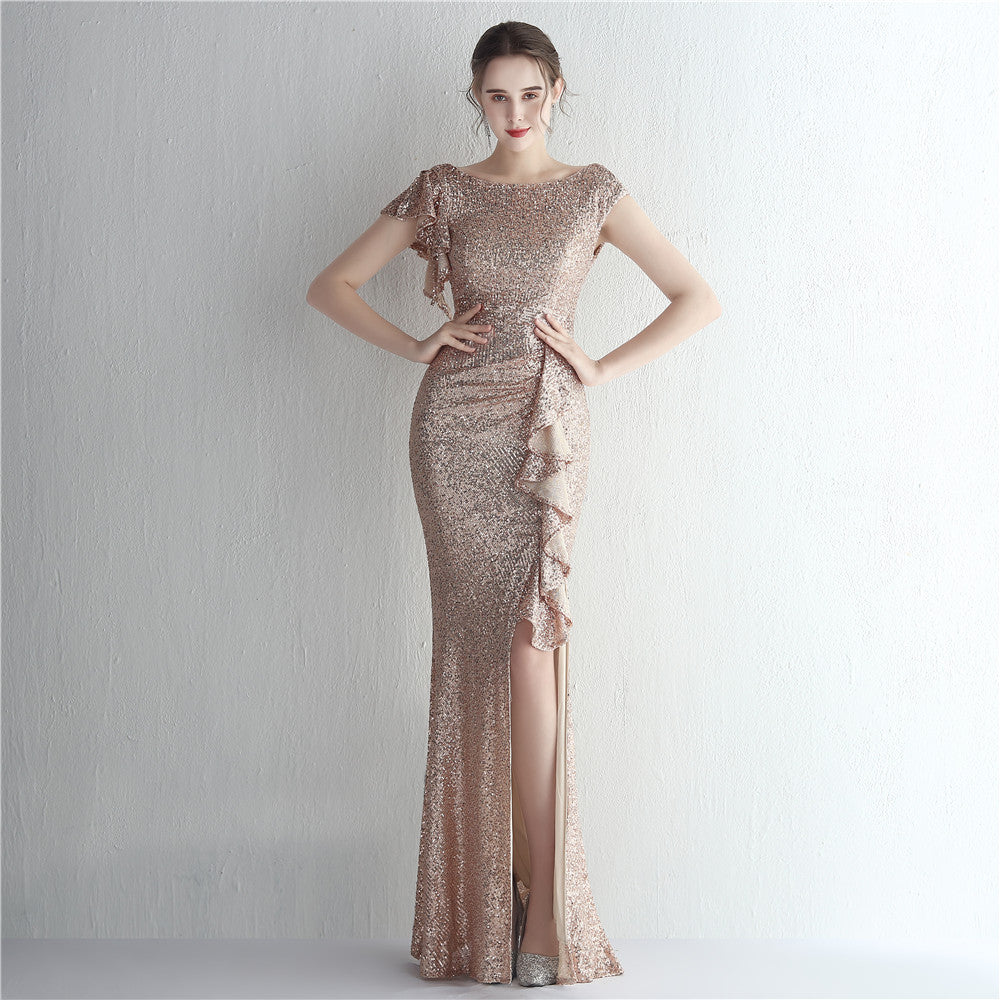 Sequ Glitter Ladies Cocktail Split Long Sequined Atmosphere Queen Dinner Fishtail Dress