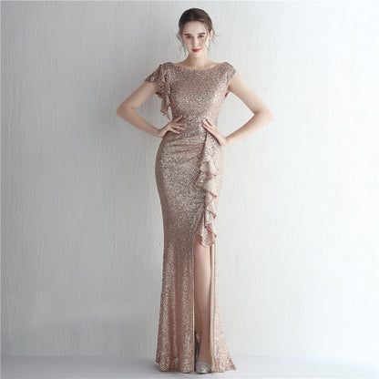 Robe de cocktail fendue longue à paillettes pour femme, tenue de soirée à paillettes, style reine