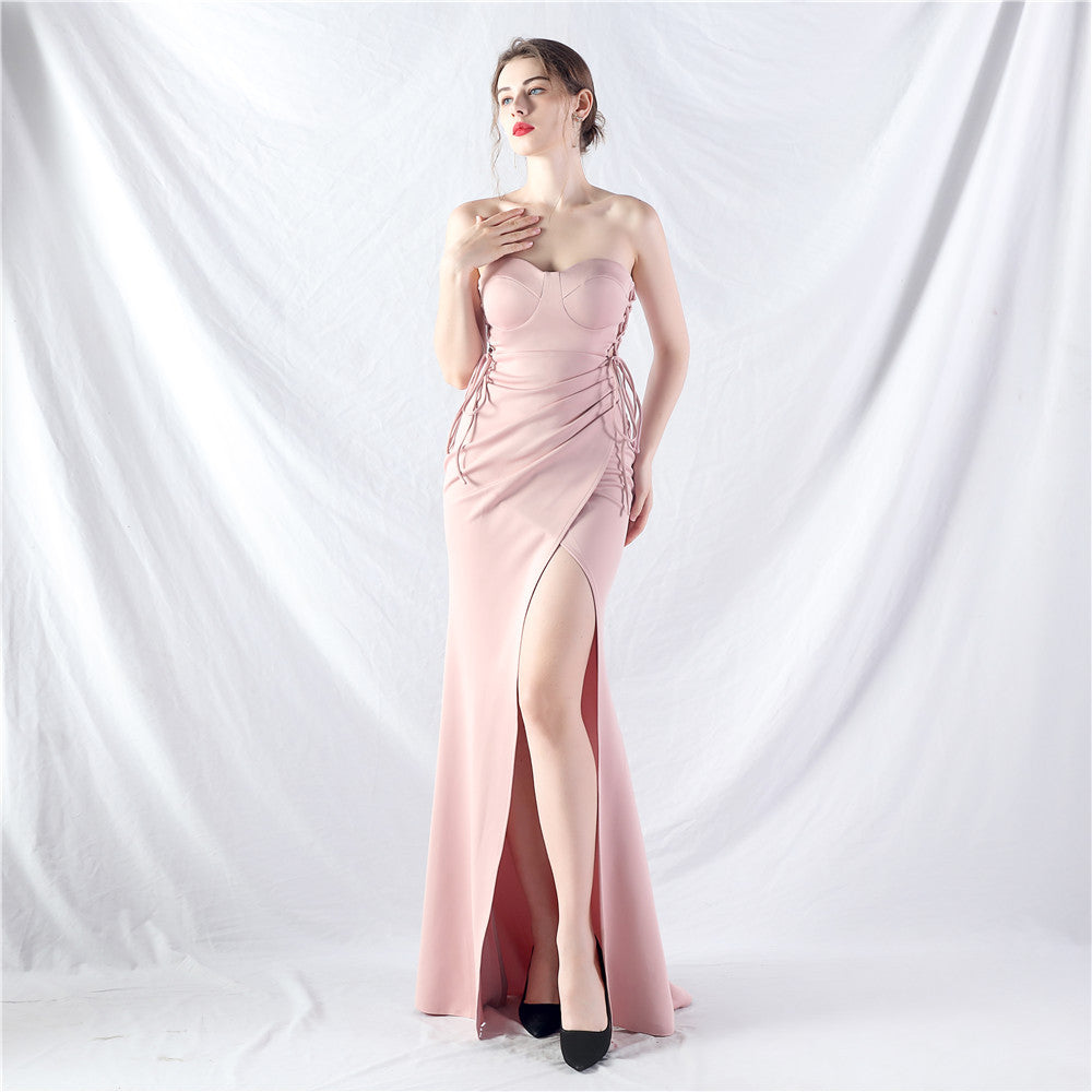 Trend Two Kinds Of Lash Rope Binding Waist Shaping Beltloop Satin Evening Dress