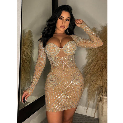 Women Wear Solid Color Mesh Rhinestone Long Sleeve Short Dress