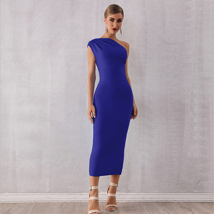 Elegant Women One Shoulder Bandage One Piece Dress Sexy Sleeveless Tight Sky Blue Evening Dress