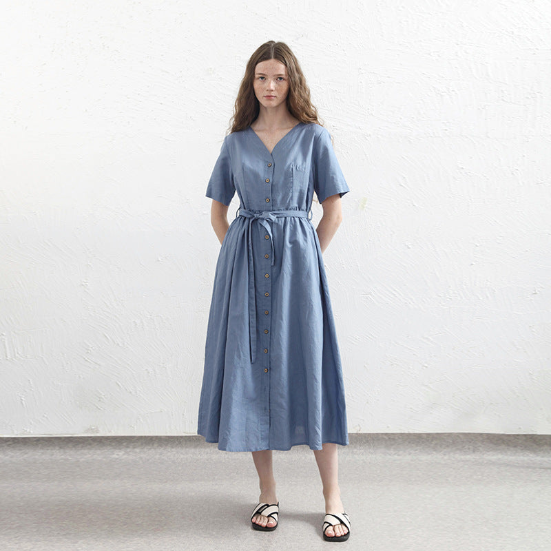 Niche Cotton Linen Short Sleeve A line Dress Spring Summer Women Clothing V neck Single Row Button Maxi Dress