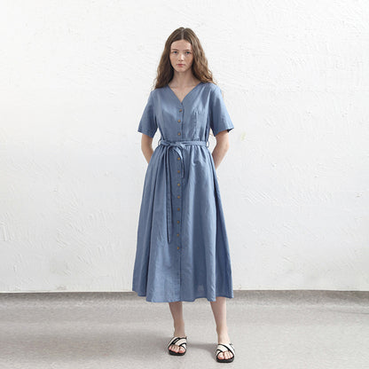 Robe trapèze à manches courtes en coton et lin de niche, vêtements pour femmes, printemps été, col en V, simple rangée de boutons, robe longue