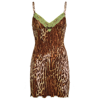 Sexy V Neck Sexy Leopard Print Slip Dress Animal Pattern Contrast Color Lace Dress