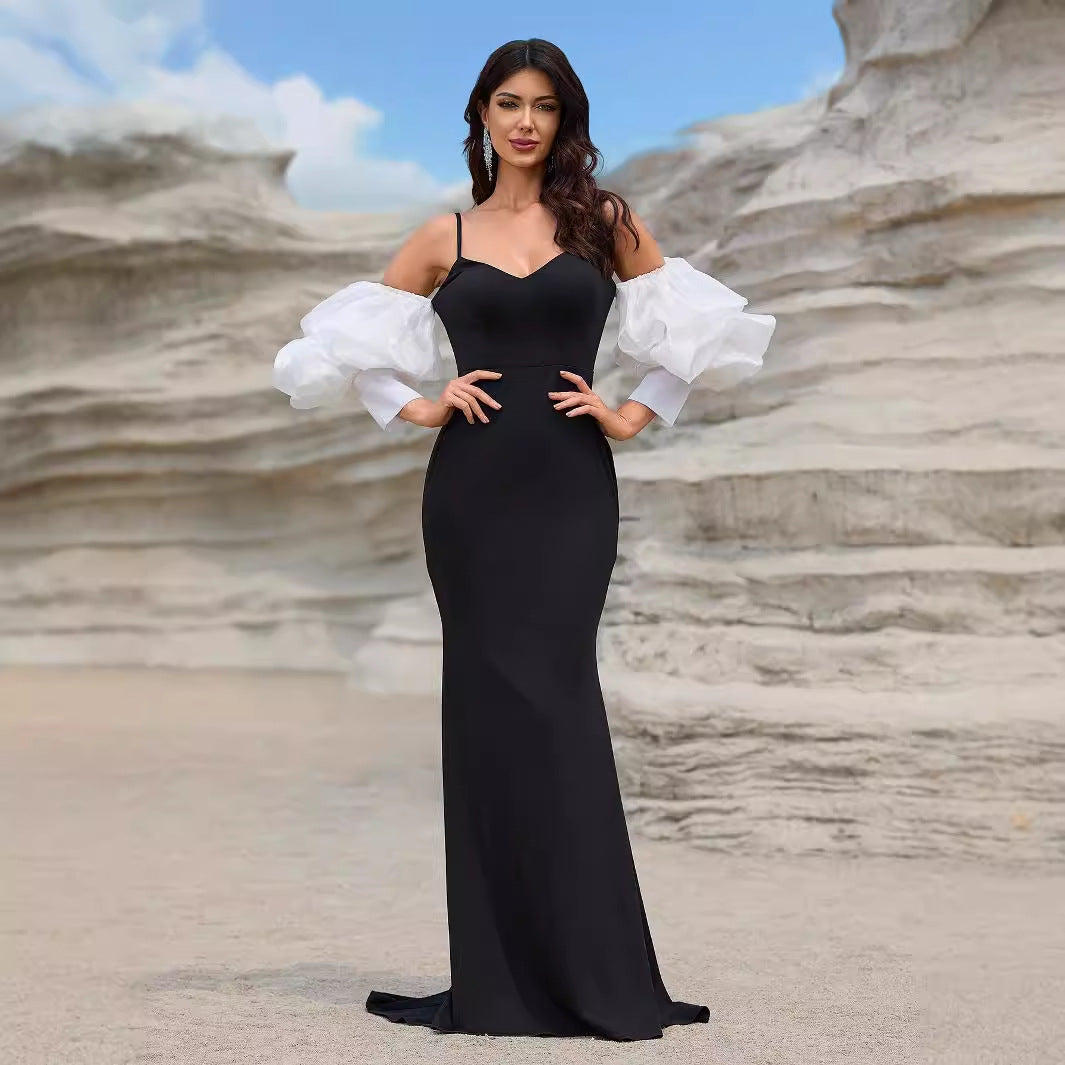 Ladies Ball Gown Sling Stitching Glossy Lantern Sleeve Sexy Elegant Fishtail Evening Gown