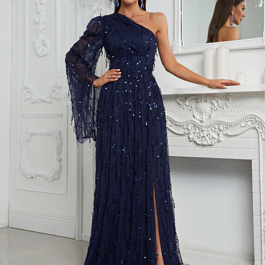 Sequin Dress Oblique Shoulder One Sleeve Cocktail Evening Dress Slit Elegant Dress