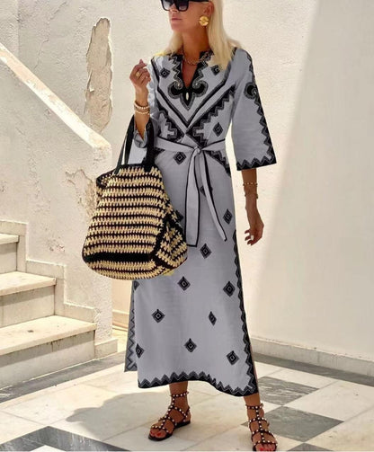 Vestido bohemio de lino con cinturón estampado para otoño e invierno, ropa para mujer