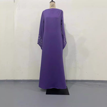 Robe d'automne à manches longues de couleur unie, robe longue avec strass faite à la main