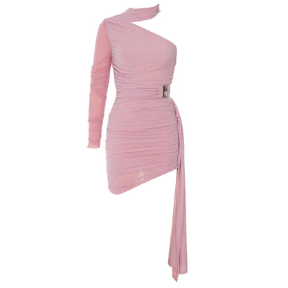 Dress Simple Sexy One Shoulder Irregular Asymmetric Hollow Out Cutout out Pleated Slim Fit Long Sleeved Dress