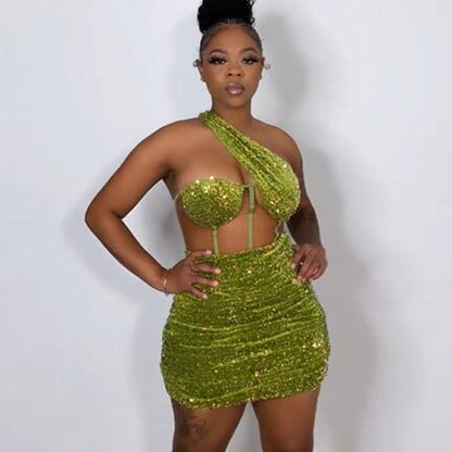 Green See-through Sequin Gauze Wrapped Chest Sloping Shoulder Backless Short Dress for Women