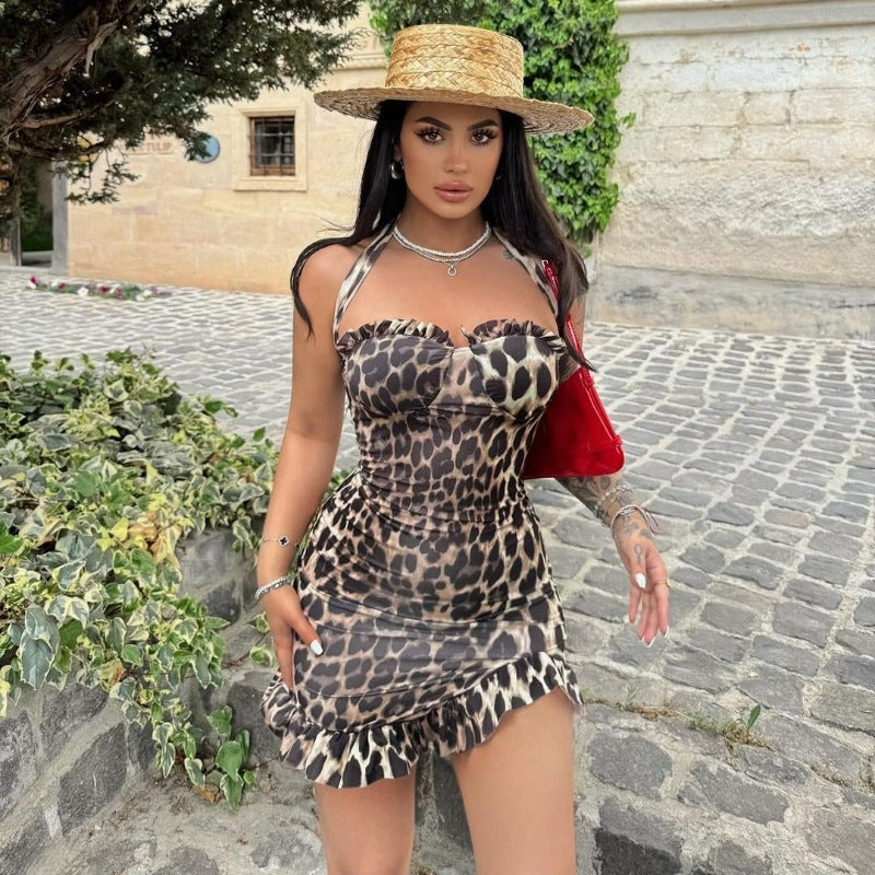 Vestido corto de cadera ajustado sexy sin espalda con cordones y estampado de leopardo de verano