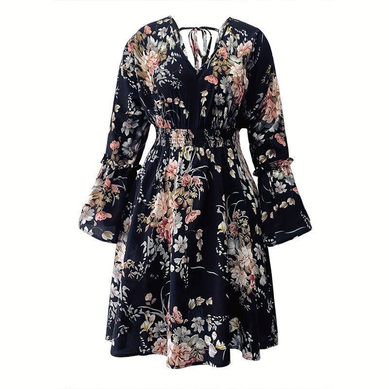 Printed Elastic Waist Back Bandage V Neck A Line Long Sleeve Short Dress Elegant Short Dress