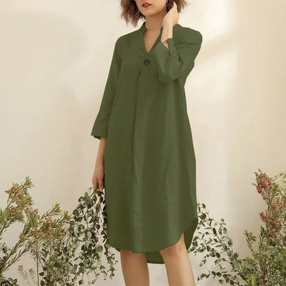 Fall Simple Loose Solid Color Mid Length V Neck Sleeves Casual Dress