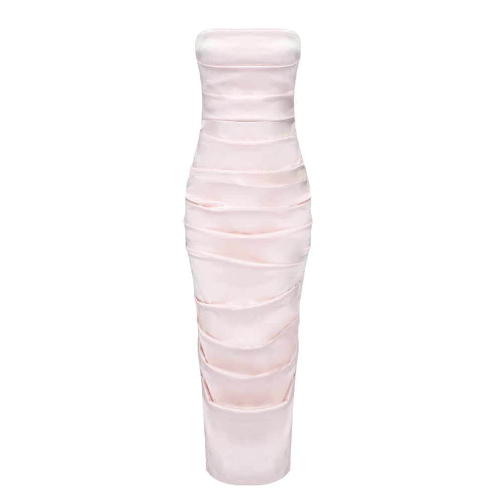 Robe d'été en satin plissée sans bretelles pour femme, robe fourreau rose sexy