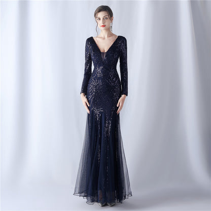 Mesh Sequin Wedding Dinner Annual Meeting Host Long Sleeve Evening Dress