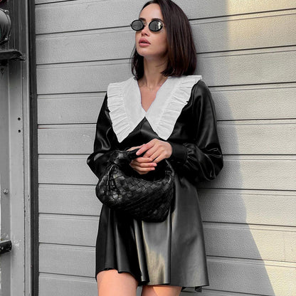 Autumn Winter Faux Leather Dress Doll Collar Fitted Waist High Waist Long Sleeve Black Punk Street Women