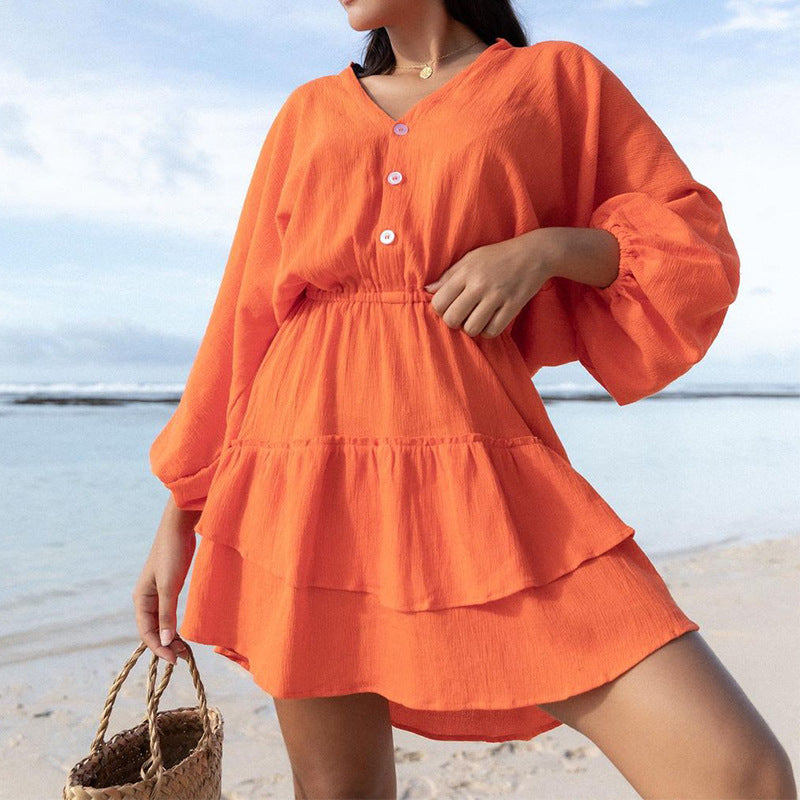 Spring Summer Women Clothing Fashionable V neck Batwing Sleeve Holiday Cotton Linen Dress