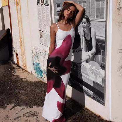 Ropa de mujer Vestido sexy de verano con tirantes finos y estampado floral Vestido con abertura en la cadera Vestido de playa para mujer