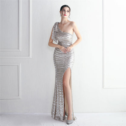 Craft Sequined Toast Clothing Long One Shoulder Appreciation Dinner Slim Fit Fishtail Wedding Socialite