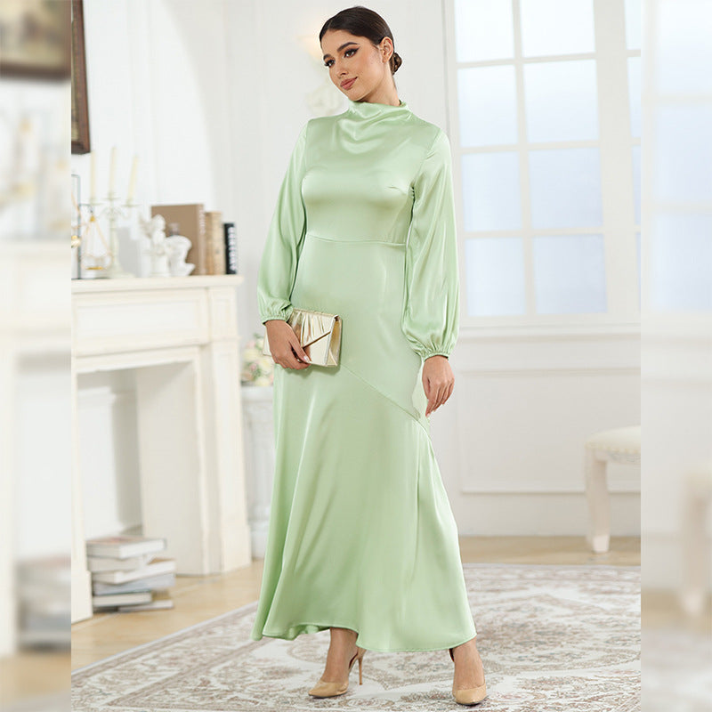 Autumn Satin Conservative Long Sleeve Loose Dress Elegant Women Clothing Evening Dress