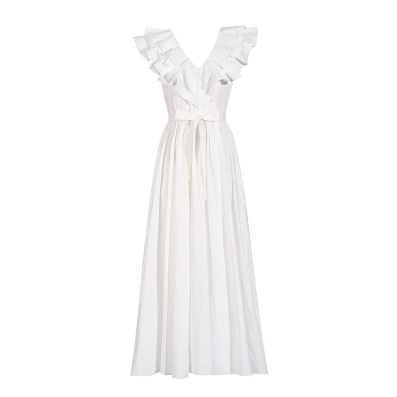 French Vintage Court Summer Large Ruffled Stitching Neckline High Waist Maxi Dress