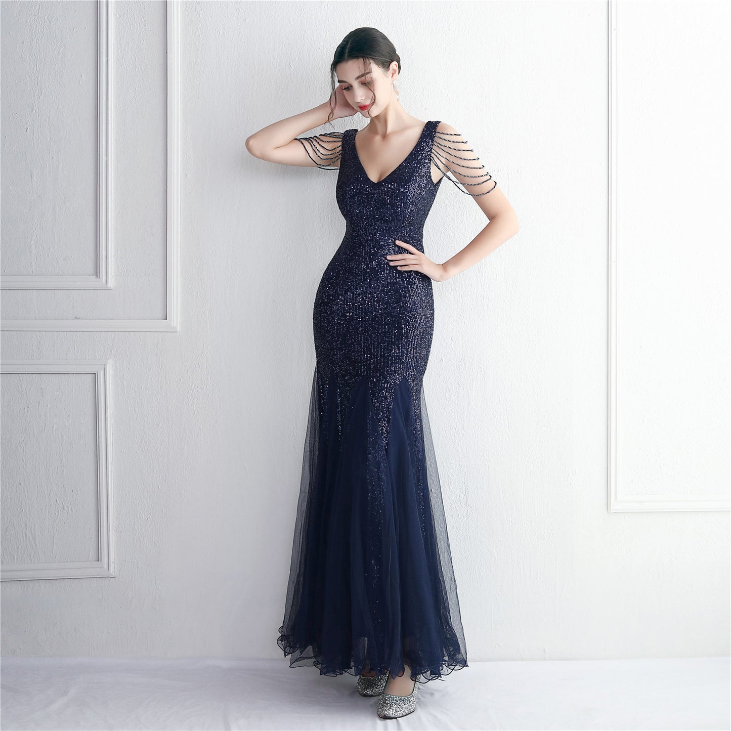 Sequin Mesh Craft Beaded Party Dress Long Cocktail Slim Fit Evening Dress Elegant Long