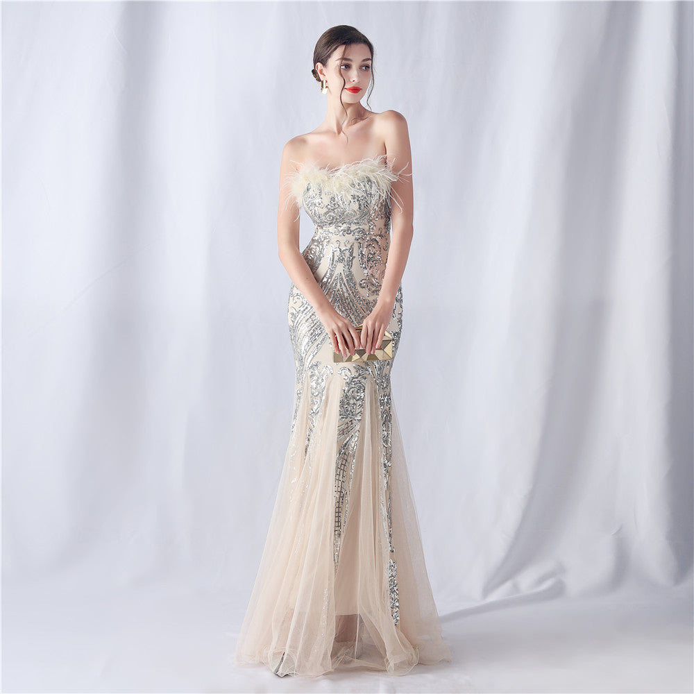 Plume d'autruche positionnement coupe florale mariage réunion annuelle bustier tubulaire paillettes gaze robe de soirée