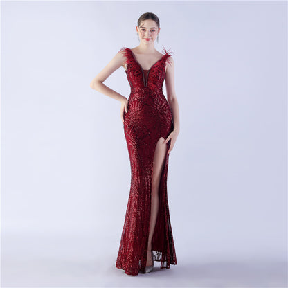 Ostrich Feather Heavy Industry Beads Dinner Exhibition Side Slit High End Evening Dress