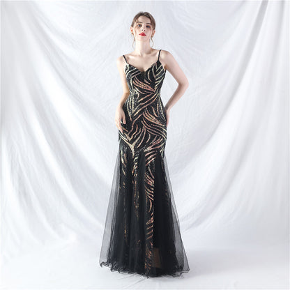 Lamination Sequin Stitching Mesh Camisole Evening Dress