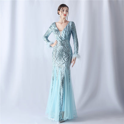 Ostrich Hair Mesh Sequin High End Evening Dress