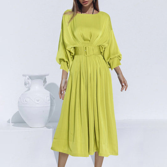 Autumn French Socialite Green Solid Color Pleated Dress round Neck Long Sleeve Waist Dress