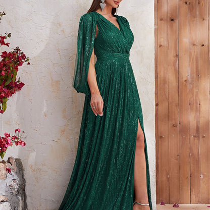 Sequin Formal Dress Sequined V Neck Shawl Sleeve Cocktail High End Evening Dress Slit Maxi Dress