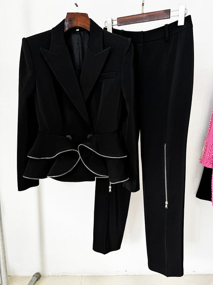 Zipper Ruffled Blazer Skinny Pants Two Piece Set