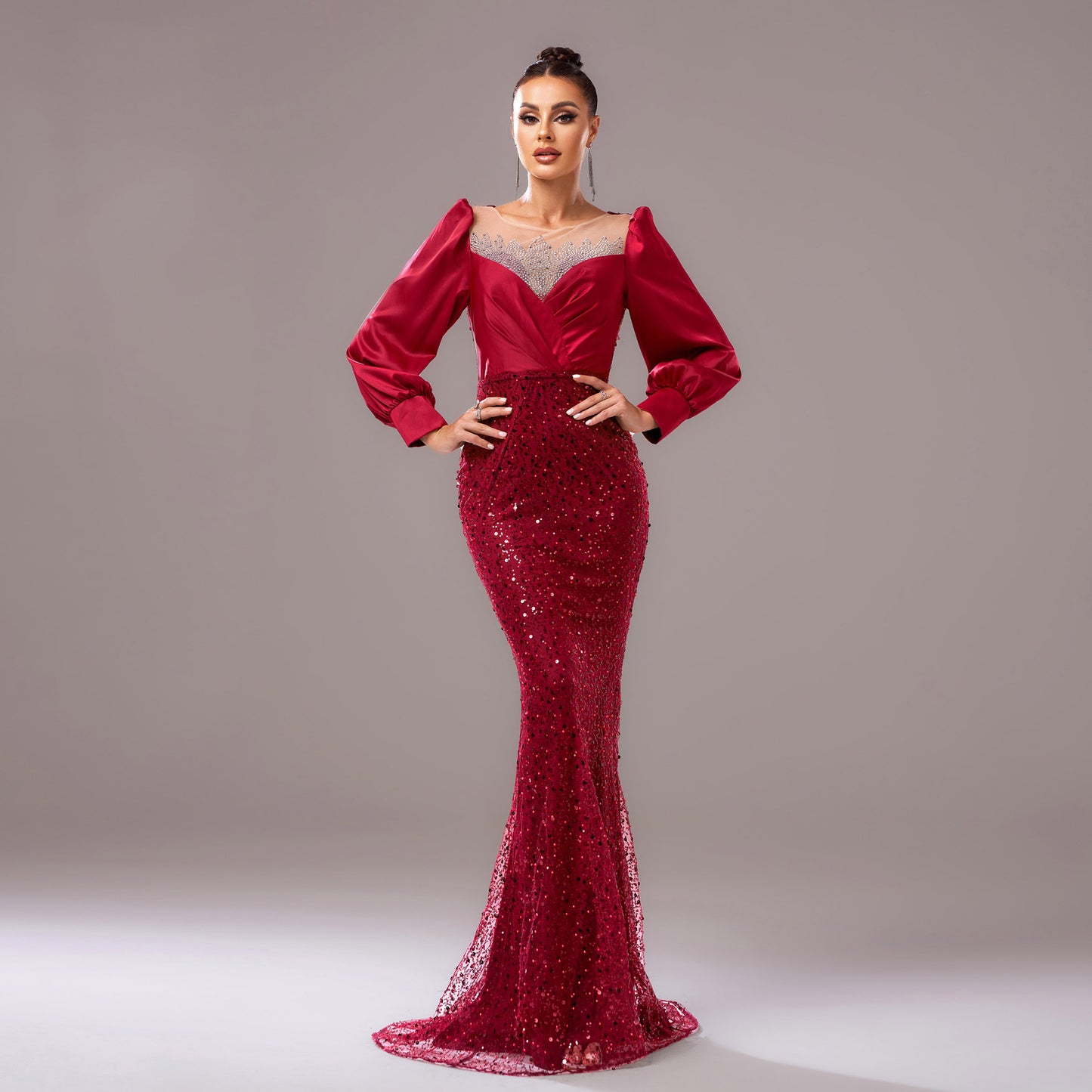 Long Sleeve round Neck Cocktail Hip Wrapped Rhinestone Sequined Evening Dress Bridesmaid Dress Dress Women