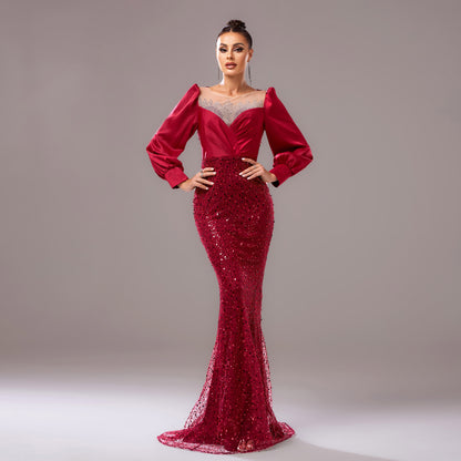 Long Sleeve round Neck Cocktail Hip Wrapped Rhinestone Sequined Evening Dress Bridesmaid Dress Dress Women