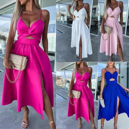 Summer Socialite Deep V Plunge neck Hollow Out Cutout- Big Slit Hemline Camisole Gown Dress