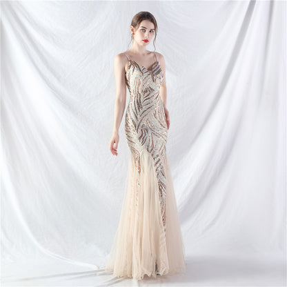 Lamination Sequin Stitching Mesh Camisole Evening Dress