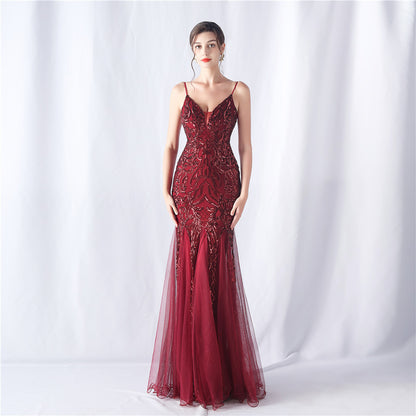 Floral Sequin Mesh High End Evening Dress