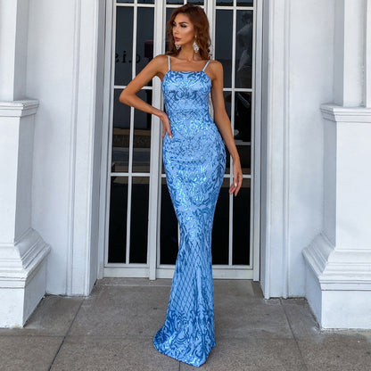 Spaghetti sangle bleu sans manches robe Maxi hanche élégante fête bal robe de soirée robe formelle Maxi