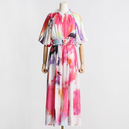 Robe longue plissée à volants et manches bouffantes en tulle de couleur unie pour femme