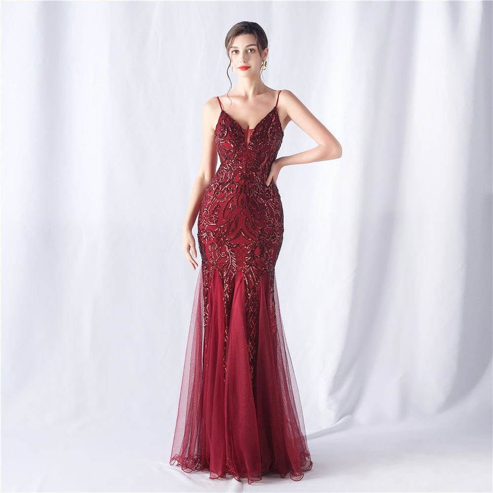 Floral Sequin Mesh High End Evening Dress