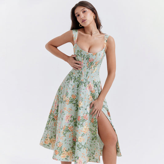 Sexy Boning Corset Cami Dress Slim Fit Backless Slit Midi Floral Dress Dopamine Wear Matching Women Clothing