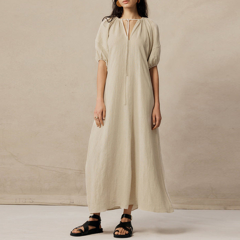 Bubble Sleeve Pleated Dress French Ramie Slimming V Neckline Lace up Design Flab Hiding Cotton Linen Maxi Dress